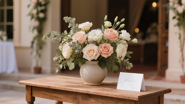 blush and ivory wedding flower centerpiece on wooden table, elegant reception arrangement for ceremony decor, romantic floral styling with escort card and luxury venue ambiance