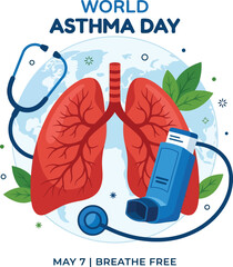 World Asthma Day banner with human lungs stethoscope and blue inhaler for medical awareness campaign on May seventh breathe free © SAIF820