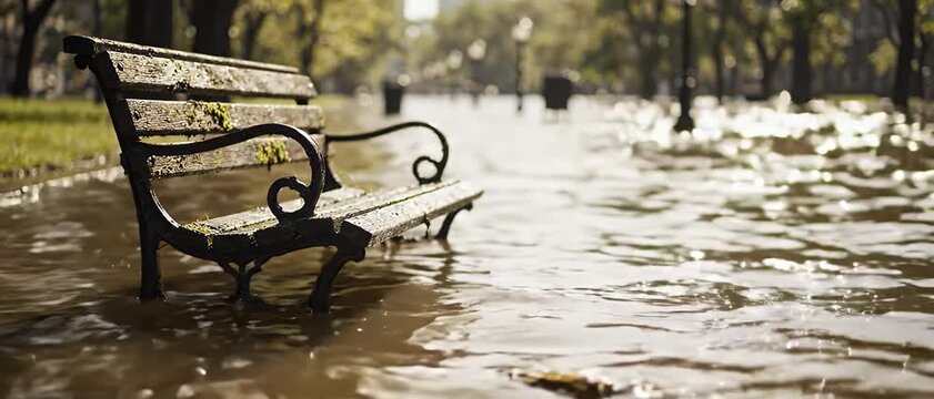 City Park Submerged in Deep Flood Water with a Wooden Bench