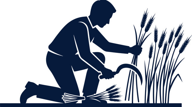 Farmer harvesting wheat with sickle in field on transparent background vector illustration.