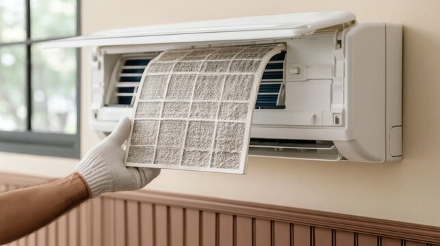 Detailed Close-Up of Air Conditioner Filter Being Cleaned by Person Wearing Protective Glove in Modern Home Interior Setting