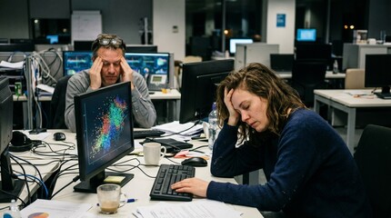 Fototapeta premium Exhausted Business People in Office, Fatigue and Deadline Concept made by AI generative