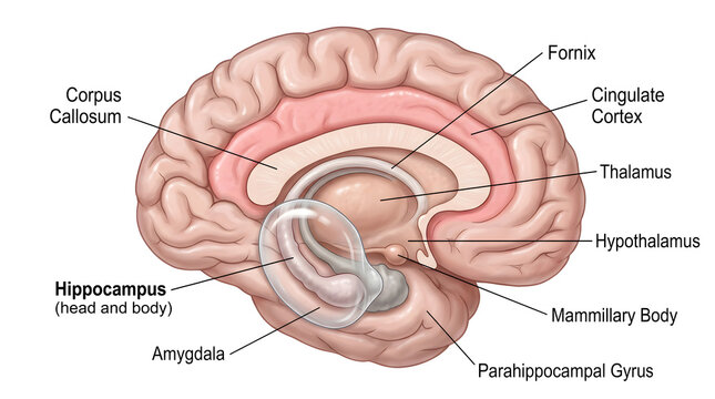 Medial brain illustration emphasizing the hippocampus head and body as part of the limbic system, along with amygdala, parahippocampal gyrus, mammillary body, thalamus, hypothalamus, corpus callosum, 