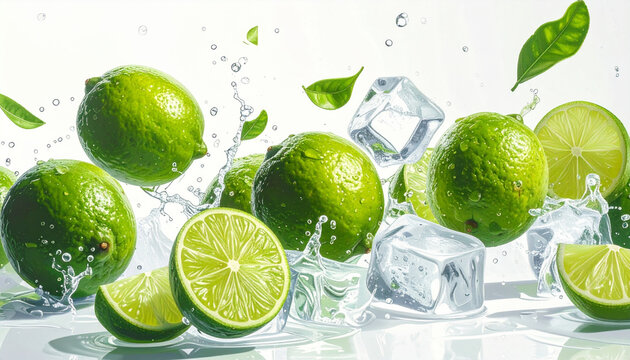 Exploding water splash with green limes mint and ice cubes background 