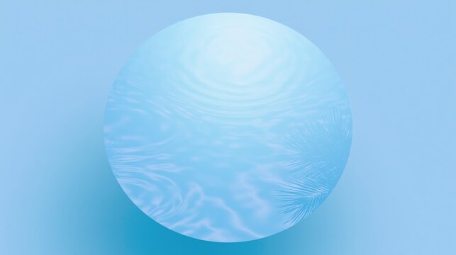A serene circular image depicting tranquil water reflections with a soft blue background and faint palm leaf shadows.