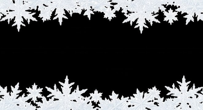 White snowflake border frame with intricate ice crystal patterns on a solid black background, horizontal winter holiday
