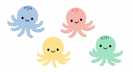 Fototapeta premium Cute Colorful Octopuses, Kawaii Style, Baby Sea Creatures, Vector Illustration