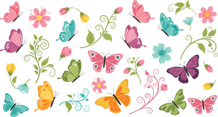 Obraz premium Colorful butterflies and flowers in a whimsical watercolor illustration on a white background with green leaves and stems