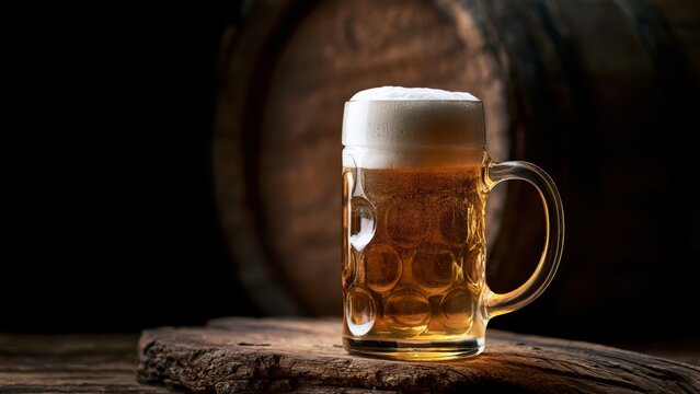 Perfectly chilled golden beer in a traditional mug with rich foam, resting on a textured wooden surface