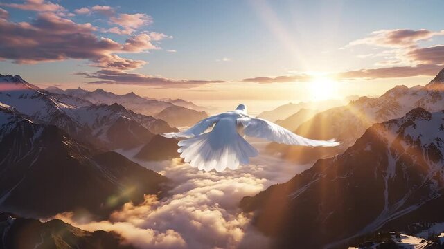 White dove flying over mountain landscape highlighting environmental conservation and serenity