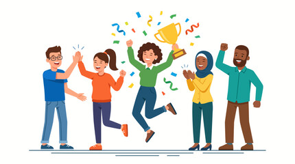 Obraz premium A Diverse Group of People Celebrating Success with a Trophy and Confetti - Illustrating Achievement and Teamwork