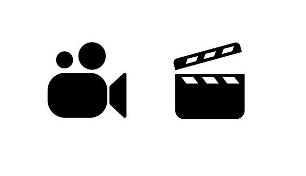Clapperboard set film production sign vector icon. Video clapperboard play button symbol illustration. Video icon set. Containing camera, play