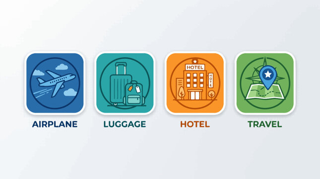 Essential vector icons for travel and tourism, covering air transportation, comfortable accommodation, luggage, and destination mapping for seamless journeys and memorable vacations