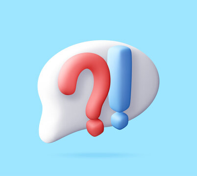 3D Question mark and exclamation mark inside speech bubble. Symbols for frequently asked question and important information concept. Digital communication sign. Vector illustration