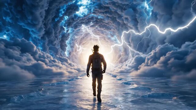 Person walking through stormy tunnel emphasizing natural beauty and pristine environments