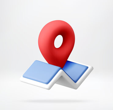 3D Red location map pin standing on blue folded paper map. Navigation icon for gps positioning, travel destination search, city planning and delivery service concept. Vector illustration