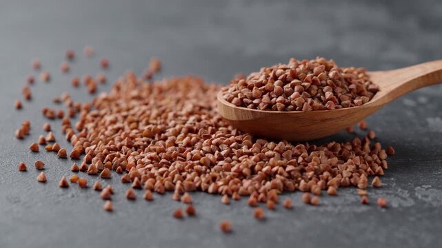 Organic buckwheat in a wooden spoon on a dark table. buckwheat in a wooden spoon on a dark stone table.