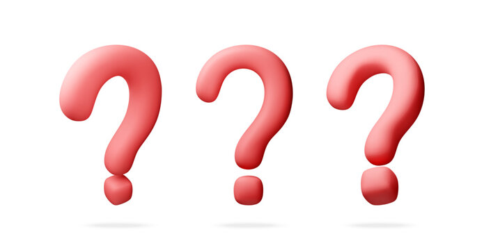 Three red question mark icons in 3d style. Glossy symbols for faq, help or support information. Digital design element for website interface, presentation and graphic project. Vector illustration