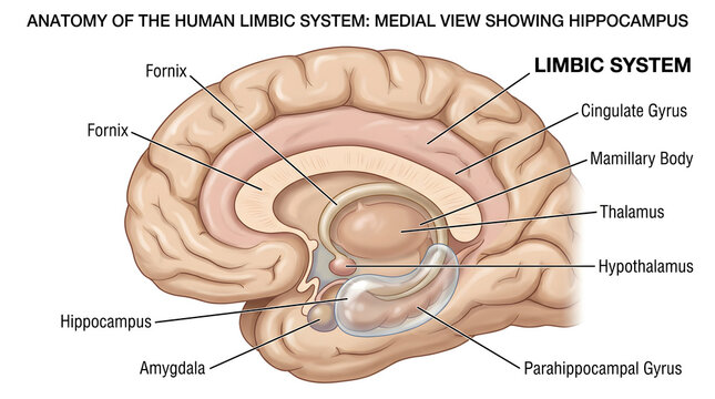 Anatomy of the human limbic system, medial view highlighting hippocampus and amygdala with surrounding structures including cingulate gyrus, fornix, thalamus, hypothalamus, mammillary body and parahip