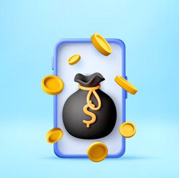 3D Money bag with gold coins floating on smartphone screen. 3D icon of mobile banking and financial application. Digital payment, investment profit and savings concept. Vector illustration.