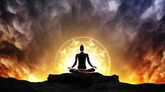Woman practices yoga and meditation with space energy at night, fantasy view, concept of health, esoteric, magic. yoga meditation pose chackras symbols appearing on the body with glowing auras