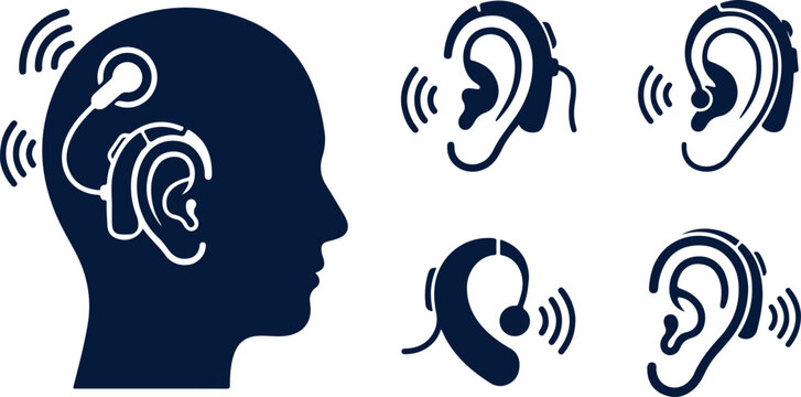 Hearing aid devices designed to assist people with loss of hearing displayed with silhouette profile.