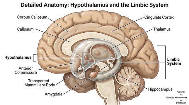 Detailed anatomy of the hypothalamus and limbic system in medial brain view, labeling corpus callosum, cingulate cortex, anterior commissure, amygdala, hippocampus, mammillary bodies and hypothalamic 