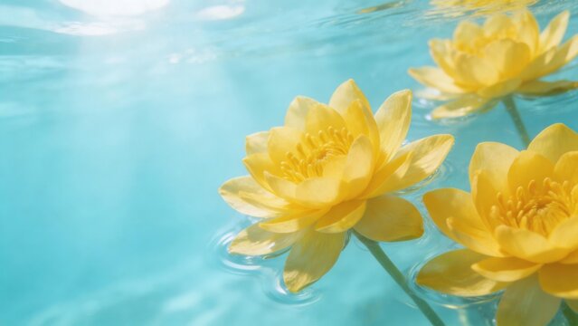 Yellow water lilies in clear blue water