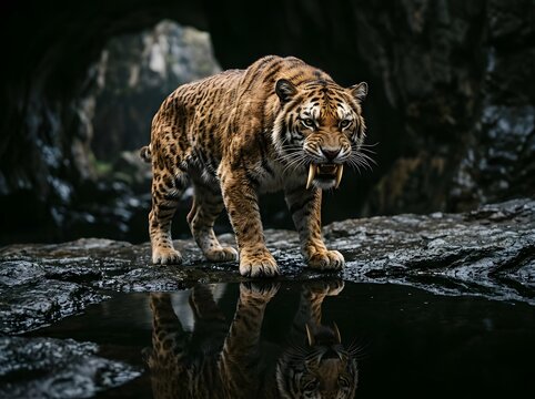Tiger with prominent fangs stands on wet rocks with reflection