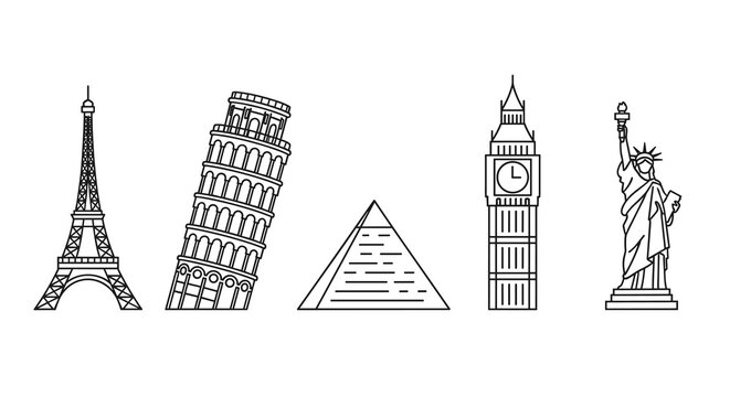 Set of famous world landmarks icons including eiffel tower leaning tower of pisa egyptian pyramid big ben and statue of liberty, Generative AI.