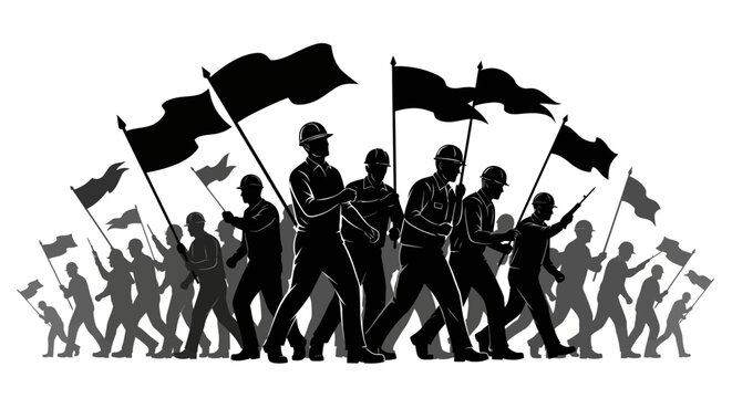 Vector illustration showing a crowd of farmworkers marching and carrying flags in black silhouette, representing Cesar Chavez Day and the United Farm Workers movement against a white