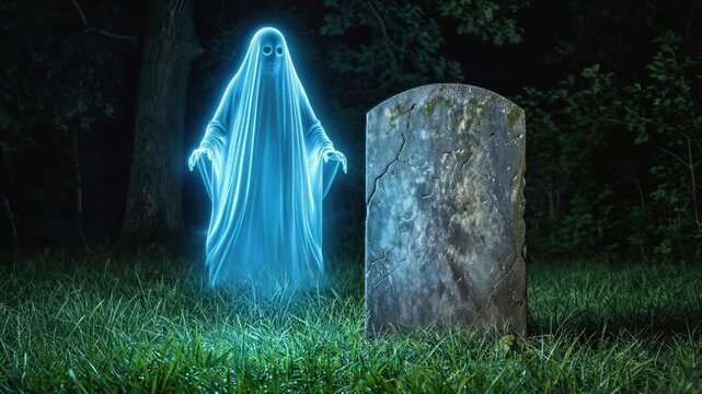 Glowing blue ghost floating beside weathered tombstone in dark forest. Ethereal spirit haunting night cemetery. Static wide shot.