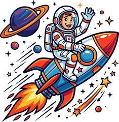 Cute astronaut riding a rocket through space with planets and stars, colorful cartoon vector illustration. © KosaDesign