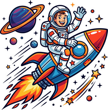 Cute astronaut riding a rocket through space with planets and stars, colorful cartoon vector illustration.
