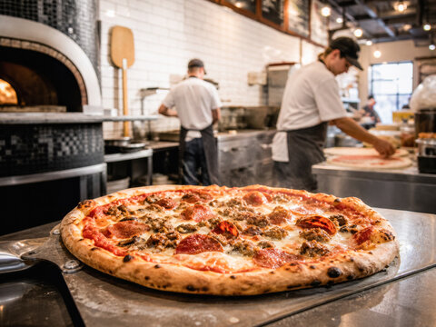 Fresh pizza cooling on pizzeria counter beside chefs and brick ovens.generative AI
