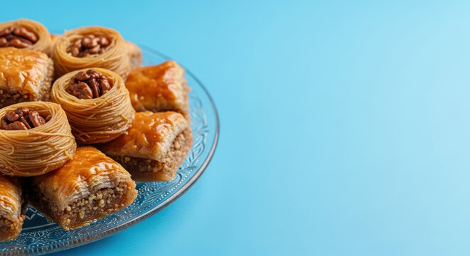 Delicious Turkish baklava pastries on a decorative plate with a vibrant blue background, perfect for festive celebrations like Uraza Bayram or Eid al-Fitr, with copy space
