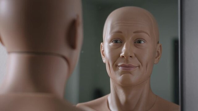 Cinematic close shot of humanoid robot looking into mirror, exploring identity and self-awareness, soft lighting and emotional tone, ideal for AI ethics storytelling and advertising visuals