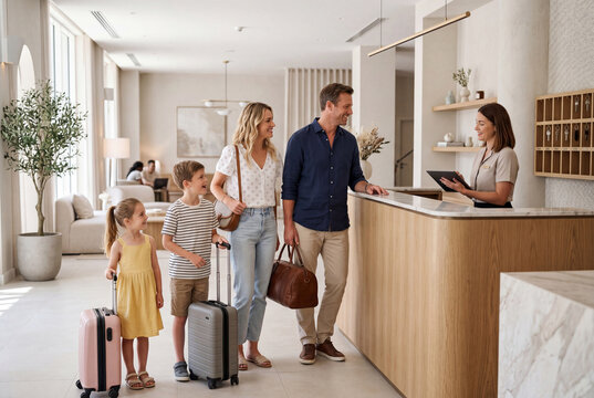 Family checking in at hotel reception with luggage, summer vacation hospitality concept