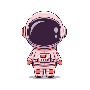 Cartoon astronaut in pink spacesuit standing.