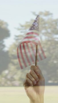 Vertical video: Men in park camera shifting to hand gripping and raising mini US flag during event