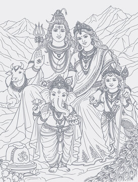 Sketch or Drawing of Shiva Parvati Outline Editable Vector Illustration