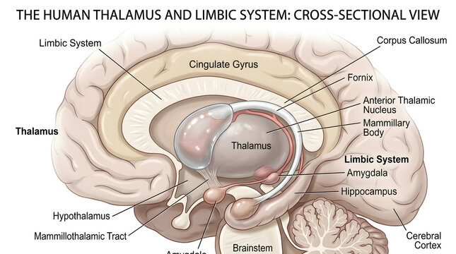 Cross‑sectional view of the human thalamus and limbic system highlighting cingulate gyrus, corpus callosum, fornix, anterior thalamic nucleus, mammillary body, hypothalamus, hippocampus and amygdala a