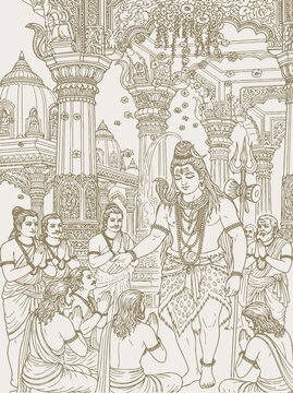 Sketch or Drawing of Shiva Parvati Outline Editable Vector Illustration