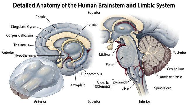 Detailed anatomy of the human brainstem and limbic system showing medial cerebrum with cingulate gyrus, hippocampus and amygdala alongside lateral brainstem view with midbrain, pons, medulla, fourth v
