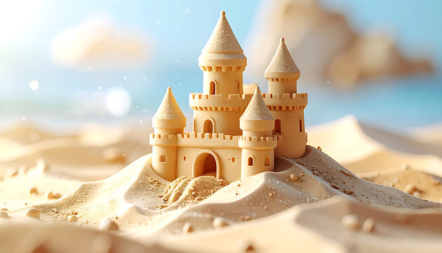 Intricate sandcastle with towers and battlements on a sandy beach near the ocean, dreamlike atmosphere, summer vacation concept