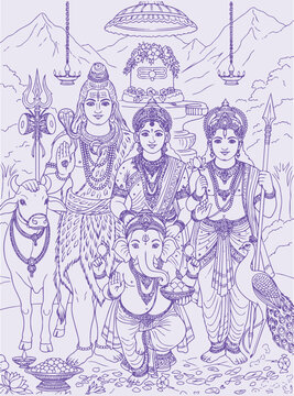 Lord Shiva and Parvati Hindu god Design Element. Sketch or Drawing of Shiva Parvati Outline Editable Vector Illustration