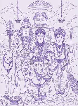 Sketch or Drawing of Shiva Parvati Outline Editable Vector Illustration