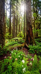 Fototapeta premium Sunlight streams through a lush forest. Towering trees surround a vibrant undergrowth of ferns and wildflowers, creating an enchanting scene