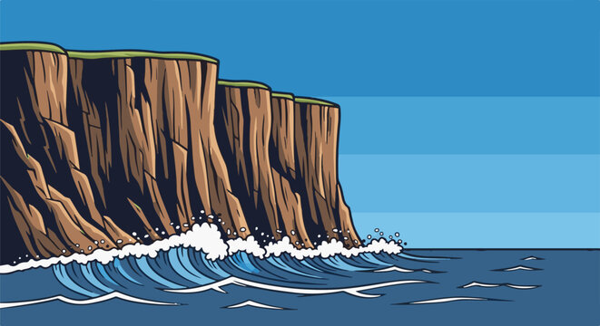 Towering, sheer brown cliffs with green tops meet rough, blue ocean waves under a clear sky