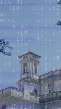 Vertical video: Binary overlay appearing, covering tower, cascading down and visualizing data flow